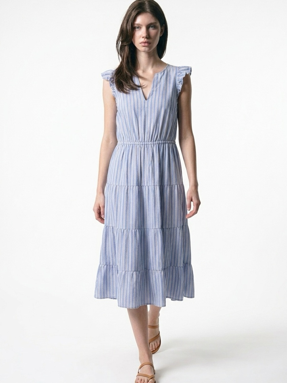 J. Crew Blue and White Striped Tiered Midi Dress